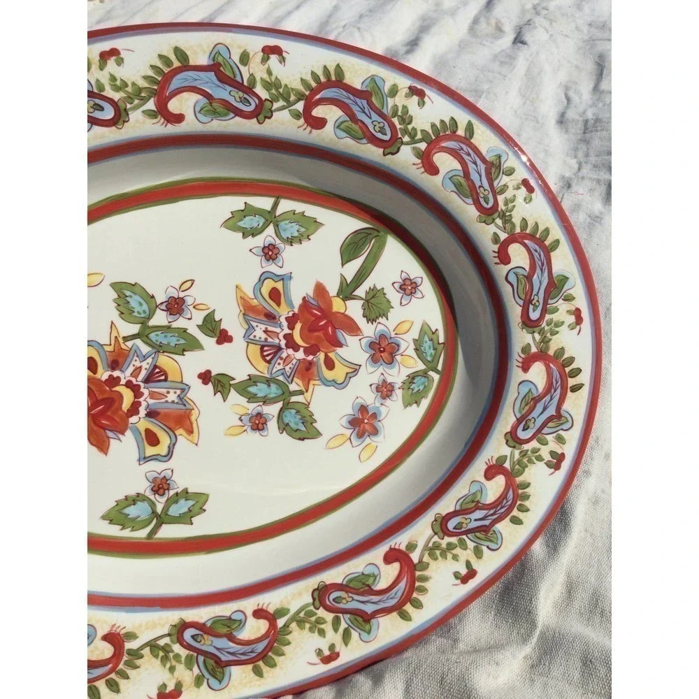 Pottery Barn sausalito paisley platter 19” serving ceramic white red floral boho